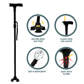 Adjustable Walking Stick Cane With LED Flashlight SOS Alarm Button For Senior Travel Hiking Trekking Pole Folding Crutch Handle Strap 5 Gears