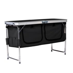 4ft 47cm Wide Black Outdoor Folding Table, Aluminum Alloy Rectangular, Two-fold Tabletop With Black Fabric Cupboard, 3 Height Adjustments.