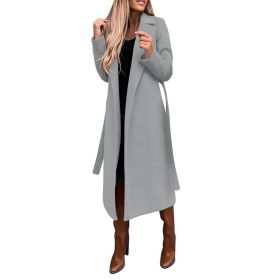 Woolen Coat Simple Fashion V-neck Lace Up Long Coat For Women (Option: Grey-M)