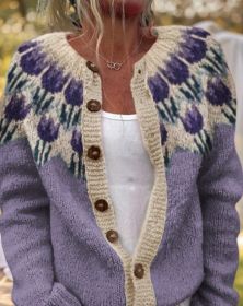 3D Digital Printing Cardigan Knitted Coat (Option: Purple-XL)