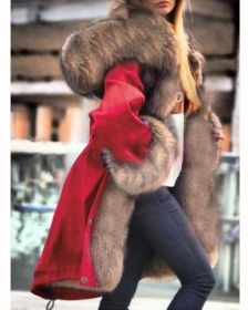 Faux Crystal Fox Fur Collar Fur Collar Hooded Jacket (Option: Red-XXL)
