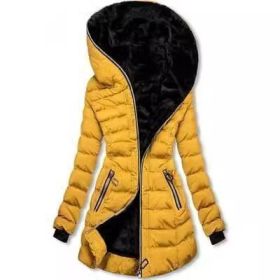 Hooded Warm Fleece Padded Jacket Mid-length Jacket Black Padded Jacket (Option: Yellow-S)
