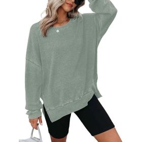 Womens Waffle Knit Crewneck Sweatshirts Long Sleeve Side Slits Casual Pullover Sweatshirt Tops (Option: Green-2XL)