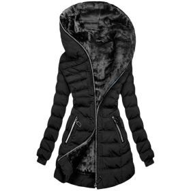 Hooded Warm Fleece Padded Jacket Mid-length Jacket Black Padded Jacket (Option: Black-M)