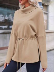 Fisoew Women's Turtleneck Sweatshirts Fleece Drawstring Waist Casual Long Sleeve Pullover Sweater Side Slit Tunic Tops (Option: Khaki-XXL)