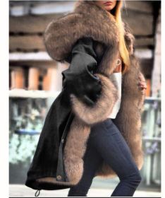 Faux Crystal Fox Fur Collar Fur Collar Hooded Jacket (Option: Black-XL)
