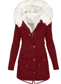 Women's cotton padded jacket with white collar (Option: Dark red-S)