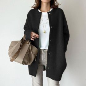 Women's Solid Color Wool-like Coat, Oversized Long Sleeve Button Up Trench For Fall Winter Casual Outwear (Option: Black-XS)