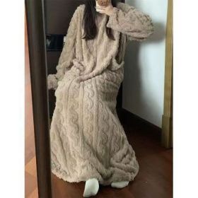 Winter Coral Fleece Sleepwear Women's Nightgown Long Night Dress Pajamas With Pockets Thickened Jacquard Dress Warm Home Clothes (Option: Khaki-L)