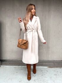 Woolen Coat Simple Fashion V-neck Lace Up Long Coat For Women (Option: White-M)