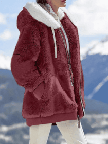 Fall And Winter Loose Plush Long Sleeves With Zippered Pockets And Hooded Warm Jacket (Option: Burgundy-S)