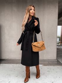 Woolen Coat Simple Fashion V-neck Lace Up Long Coat For Women (Option: Black-S)