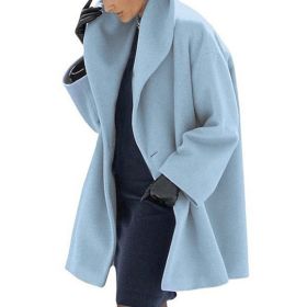 Plus Size Women's Solid Color Round Neck Button Coat - Oversized Hooded Wool-Like Long Coat For Fall&Winter (Option: Sky blue-L)