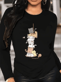 Women's Print Long-sleeved Hoodless Sweatshirt (Option: Black-S)