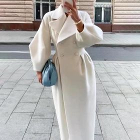Women's Classic Winter Long Coat, Double-Breasted Belted Trench With Wide Lapel, Solid Color Oversized Overcoat For Casual Style (Option: White-M)