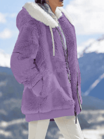 Fall And Winter Loose Plush Long Sleeves With Zippered Pockets And Hooded Warm Jacket (Option: Purple-S)