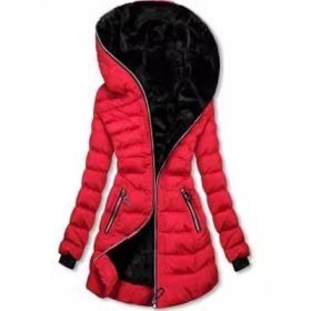 Hooded Warm Fleece Padded Jacket Mid-length Jacket Black Padded Jacket (Option: Red-S)