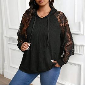 Women's Plus Size Hoodie Lace Long Sleeve Pullover Top, Fall Casual Drawstring Sweatshirt (Option: Black-L)