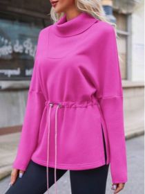 Fisoew Women's Turtleneck Sweatshirts Fleece Drawstring Waist Casual Long Sleeve Pullover Sweater Side Slit Tunic Tops (Option: Pink-S)