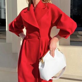 Women's Classic Winter Long Coat, Double-Breasted Belted Trench With Wide Lapel, Solid Color Oversized Overcoat For Casual Style (Option: Red-L)