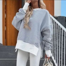 Women's Striped Sweatshirt Size Slit Long Sleeve Shirts For Women Crewneck Hoodies Casual Pullover Top (Option: Navy Blue-M)