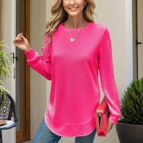 Women's Elegant Solid Color Long Sleeve Crewneck Sweatshirt, Casual Basic Pullover Top For Spring And Fall (Option: Rose Red-XL)