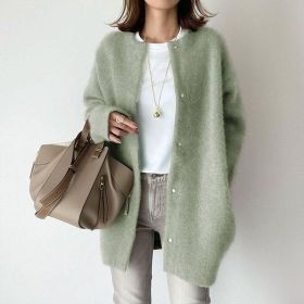 Women's Solid Color Wool-like Coat, Oversized Long Sleeve Button Up Trench For Fall Winter Casual Outwear (Option: Light Green-L)