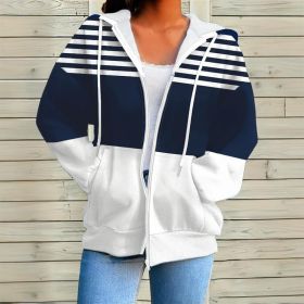 Plus Size Women's Long Sleeve Drawstring Hooded Sweatshirt With Color Block Stripes & Zip Front Pocket For Spring Fall (Option: Dark blue-5XL)