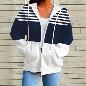 Plus Size Women's Long Sleeve Drawstring Hooded Sweatshirt With Color Block Stripes & Zip Front Pocket For Spring Fall (Option: Dark blue-2XL)
