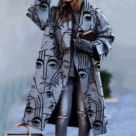 Women's Color Matching Plaid Long-sleeved Coat (Option: Gray Abstract-L)