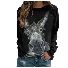 Loose Round Neck Donkey Head Floral Print Long Sleeve Pullover (Option: Black-L)