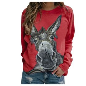 Loose Round Neck Donkey Head Floral Print Long Sleeve Pullover (Option: Red-2XL)