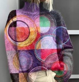 Printed Autumn And Winter New High Neck Long Sleeve Sweaters Women's Clothing (Option: 1 Black Line E127-XXXL)