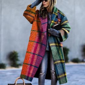 Women's Color Matching Plaid Long-sleeved Coat (Option: Plaid-L)