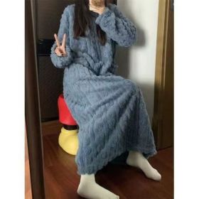 Winter Coral Fleece Sleepwear Women's Nightgown Long Night Dress Pajamas With Pockets Thickened Jacquard Dress Warm Home Clothes (Option: Sea Blue-XXL)
