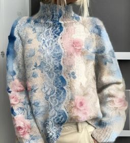 Printed Autumn And Winter New High Neck Long Sleeve Sweaters Women's Clothing (Option: White Line E127-XXXL)