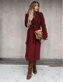 Woolen Coat Simple Fashion V-neck Lace Up Long Coat For Women (Option: Wine Red-XL)
